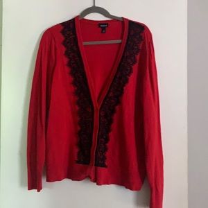 Torrid Red cardigan with black lace front detail